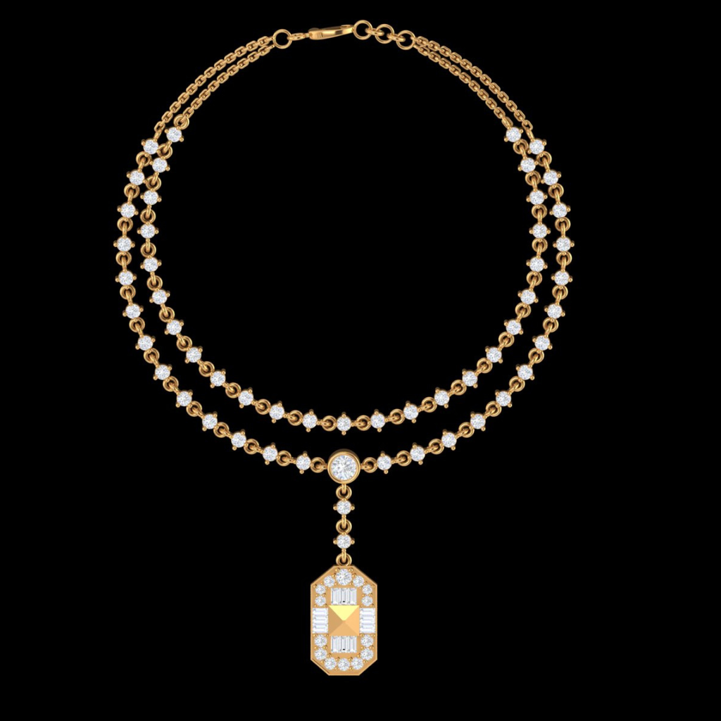 Double Strand Diamond Tennis Necklace with Pyramid Pendant in  Gold
