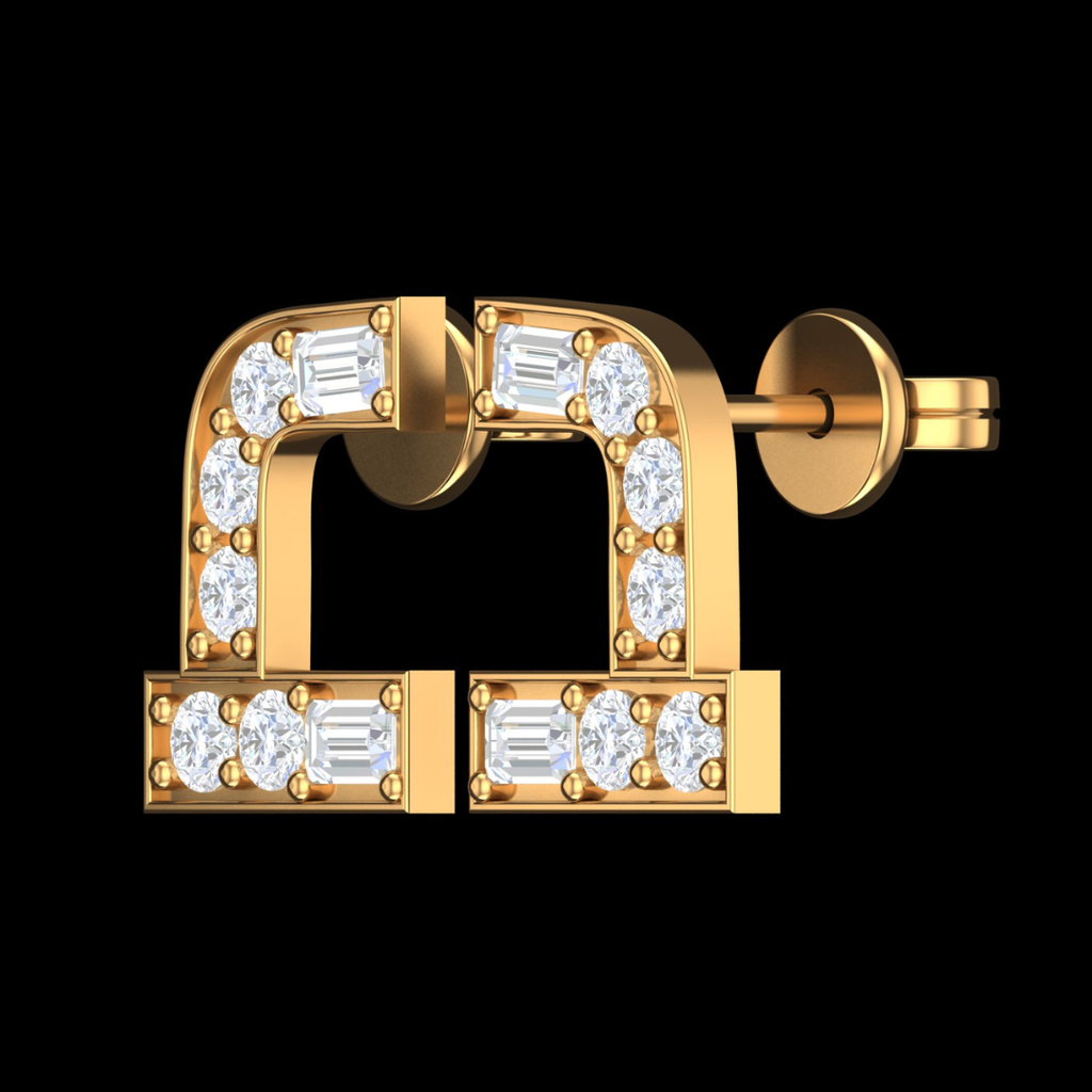 Royal Embrace Curved Baguette & Round Diamond Stud Earrings in Gold