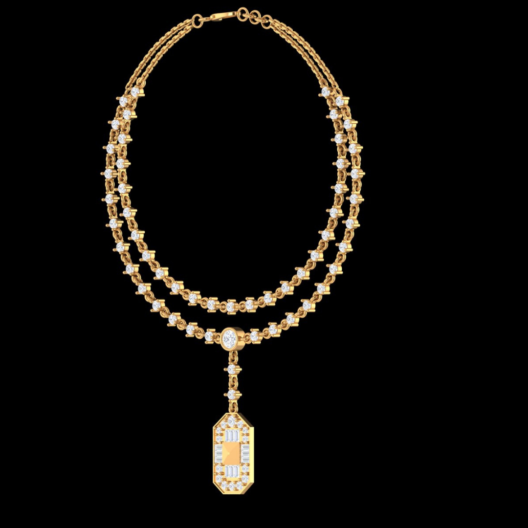 Double Strand Diamond Tennis Necklace with Pyramid Pendant in  Gold