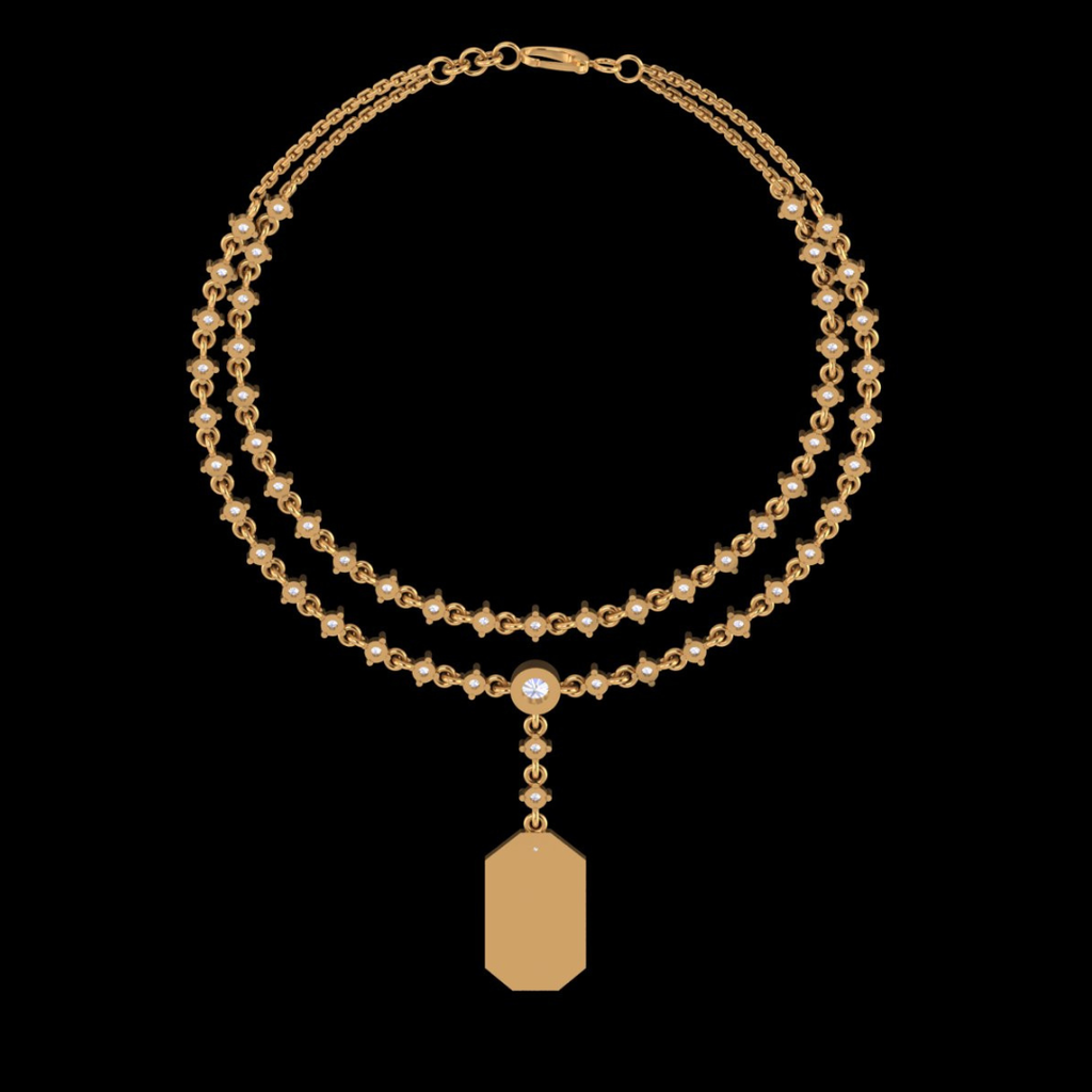 Double Strand Diamond Tennis Necklace with Pyramid Pendant in  Gold