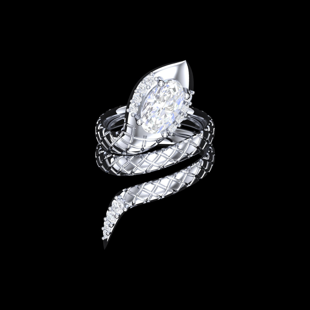 Serpent Coil Oval Halo Diamond Wrap Ring in White Gold