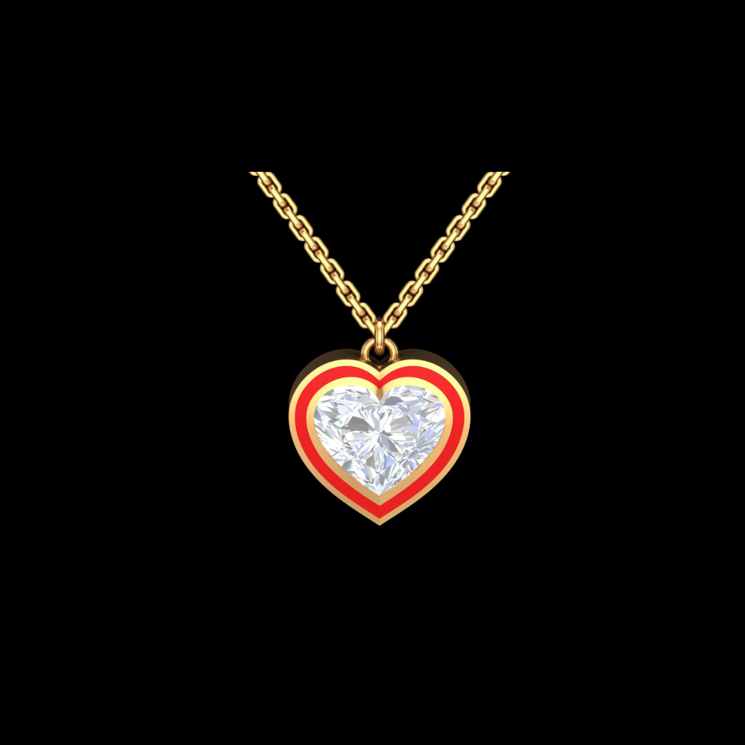 Heart Solitaire Red Enamel Diamond Pendant Necklace in Gold