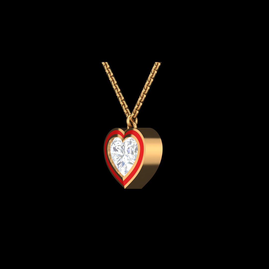 Heart Solitaire Red Enamel Diamond Pendant Necklace in Gold