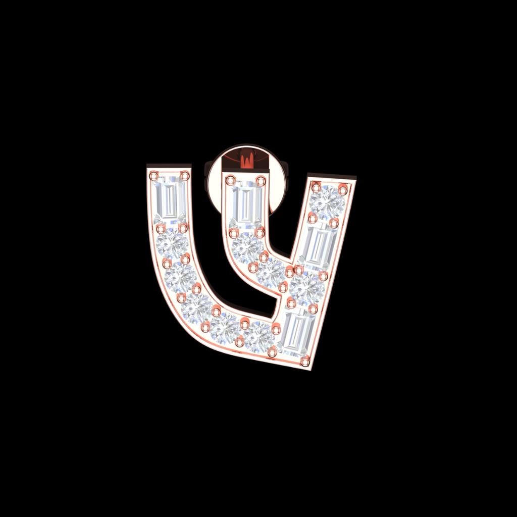 Trident Curve Baguette & Round Diamond Stud Earrings in Gold