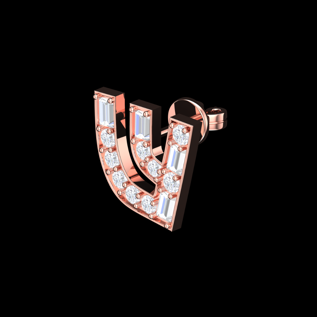 Trident Curve Baguette & Round Diamond Stud Earrings in Gold
