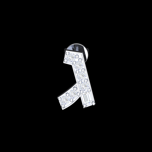 White gold diamond initial pendant with round and baguette cut diamonds on black background
