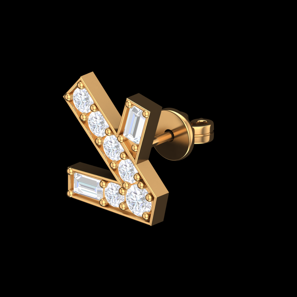 Angular Edge Pavé & Baguette Diamond Stud Earrings in Gold