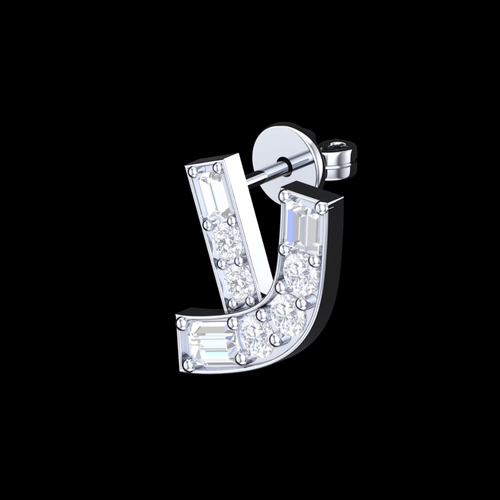 Curved Arc Baguette & Round Diamond Stud Earrings in White Gold