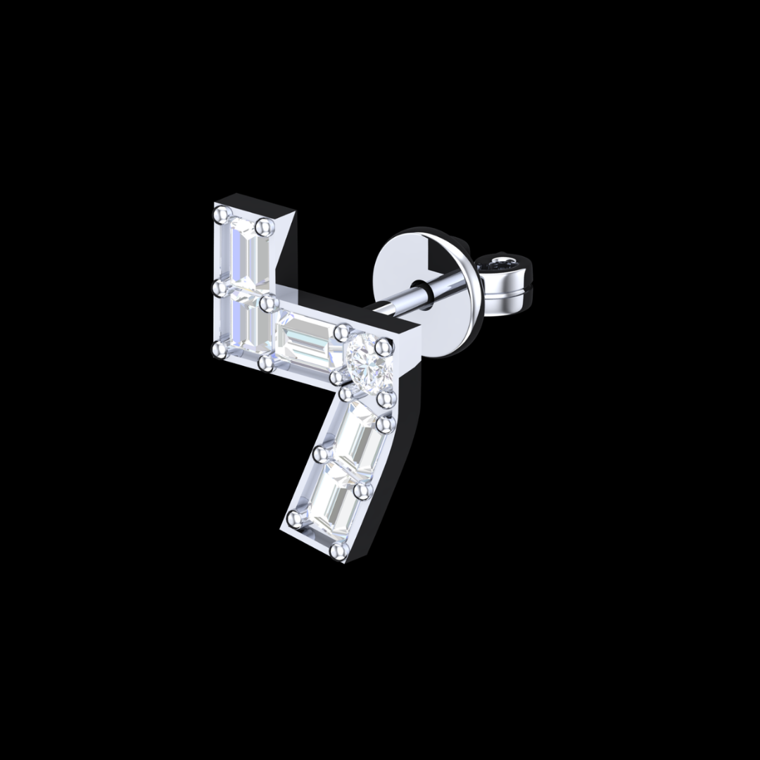 Asymmetric Angle Baguette & Round Diamond Stud Earrings in White Gold