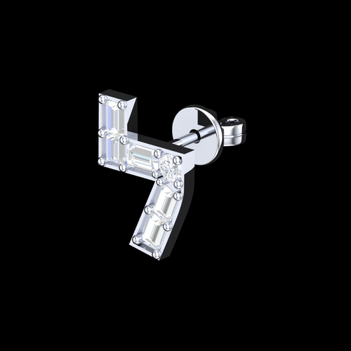 Asymmetric Angle Baguette & Round Diamond Stud Earrings in White Gold