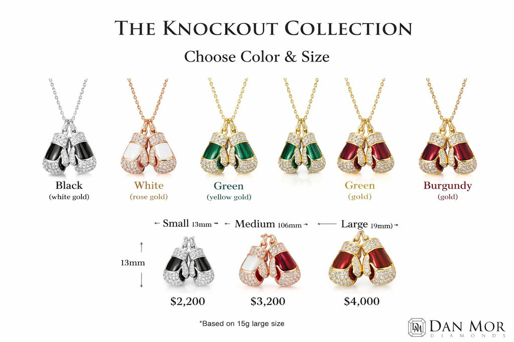 Jewelry display with boxing glove pendants in various colors and sizes, labeled 'The Knockout Collection' by Dan Mor.