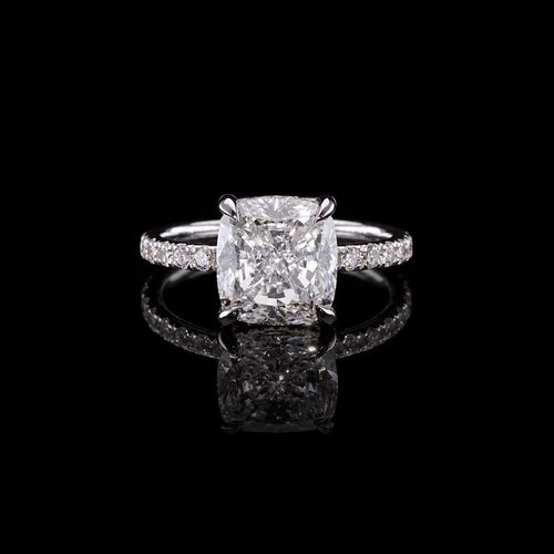 3.60 CT classic cushion pavé hidden halo diamond ring by Dan Mor Diamonds