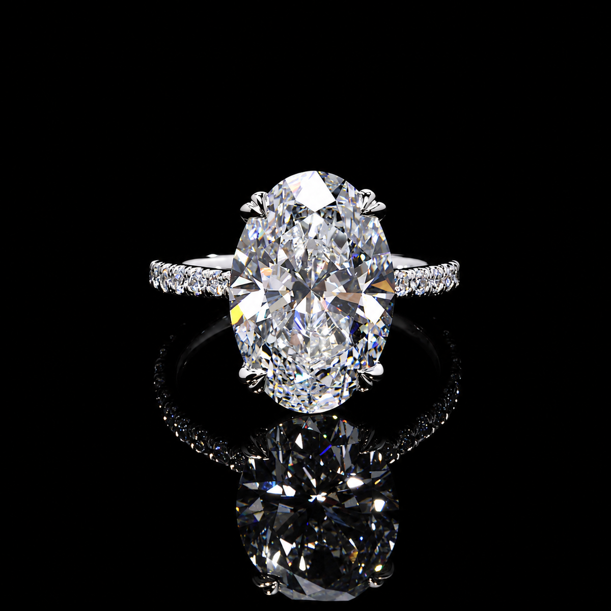 6.50 CT oval lab-grown diamond ring with 6 CT E VS1 center and round pavé band by Dan Mor Diamonds