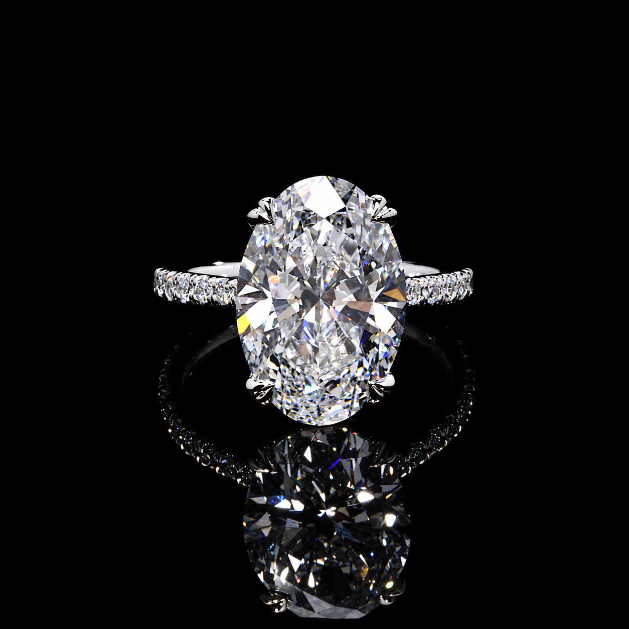 6.50 CT oval lab-grown diamond ring with 6 CT E VS1 center and round pavé band by Dan Mor Diamonds