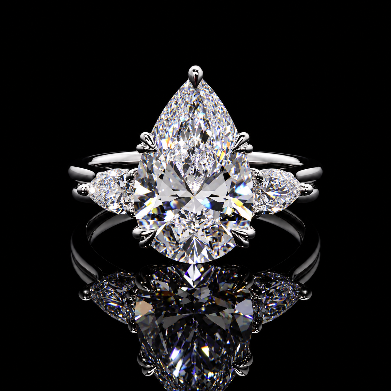 5.05 CT pear three-stone lab-grown diamond ring with matching pear side diamonds by Dan Mor Diamonds