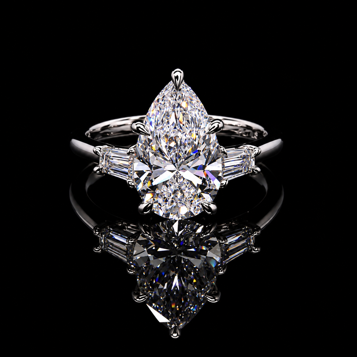 4.40 CT pear diamond three-stone ring with 3.50 CT center and tapered baguette side diamonds by Dan Mor Diamonds