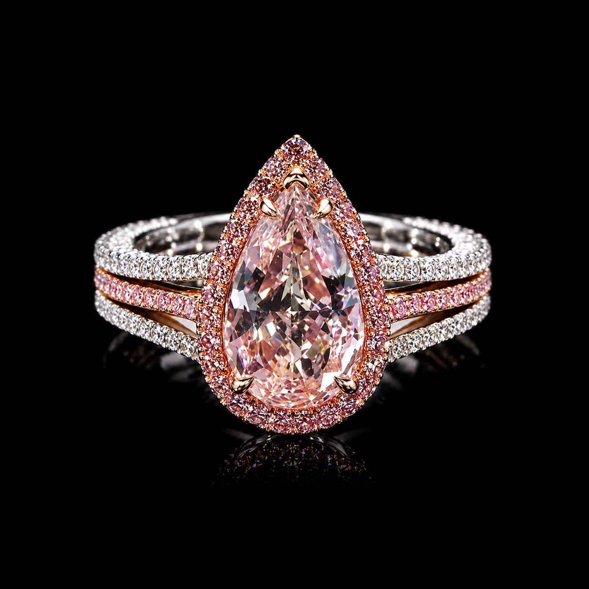 3.92 CT fancy pink halo diamond ring with 2.53 CT pear-shaped fancy pink center diamond by Dan Mor Diamonds