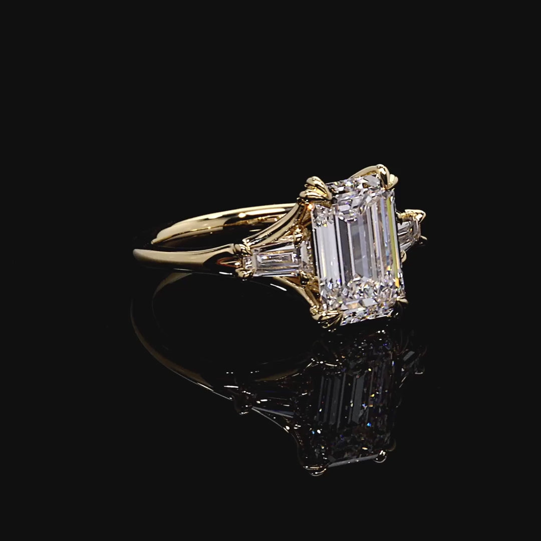 EMERALD CUT THREE STONE LAB DIAMOND RING
