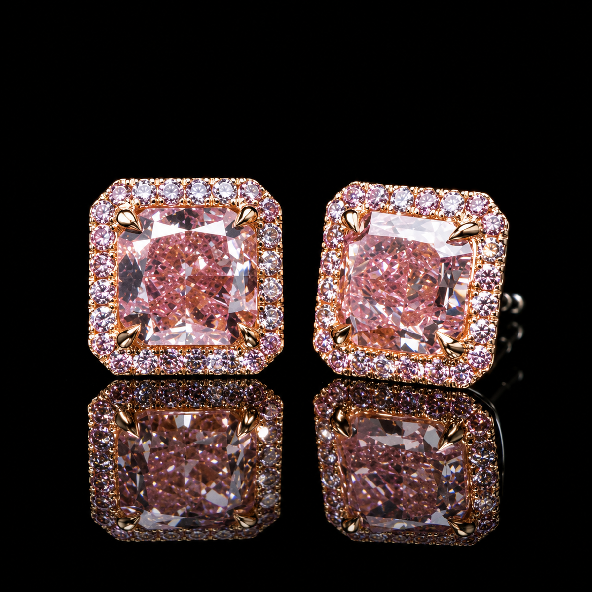 Square pink diamond halo stud earrings featuring 2.50 carat pink center diamonds in each earring and 6.25 carats total diamond weight