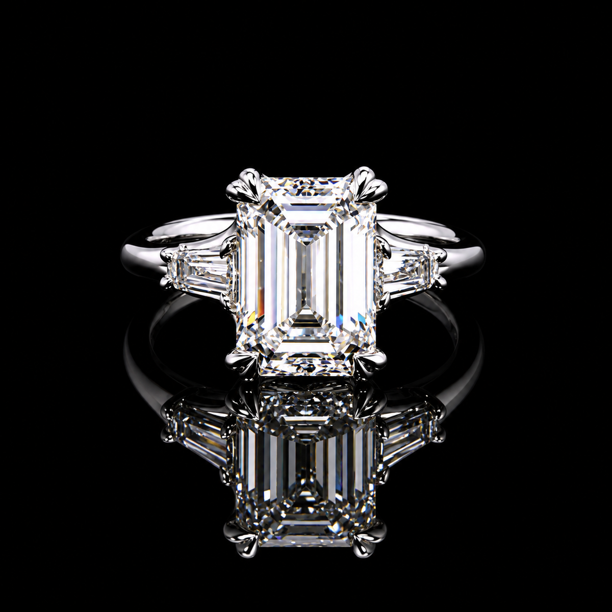 3.61 CT emerald cut three-stone diamond ring with 3.19 CT center and tapered baguette side diamonds by Dan Mor Diamonds