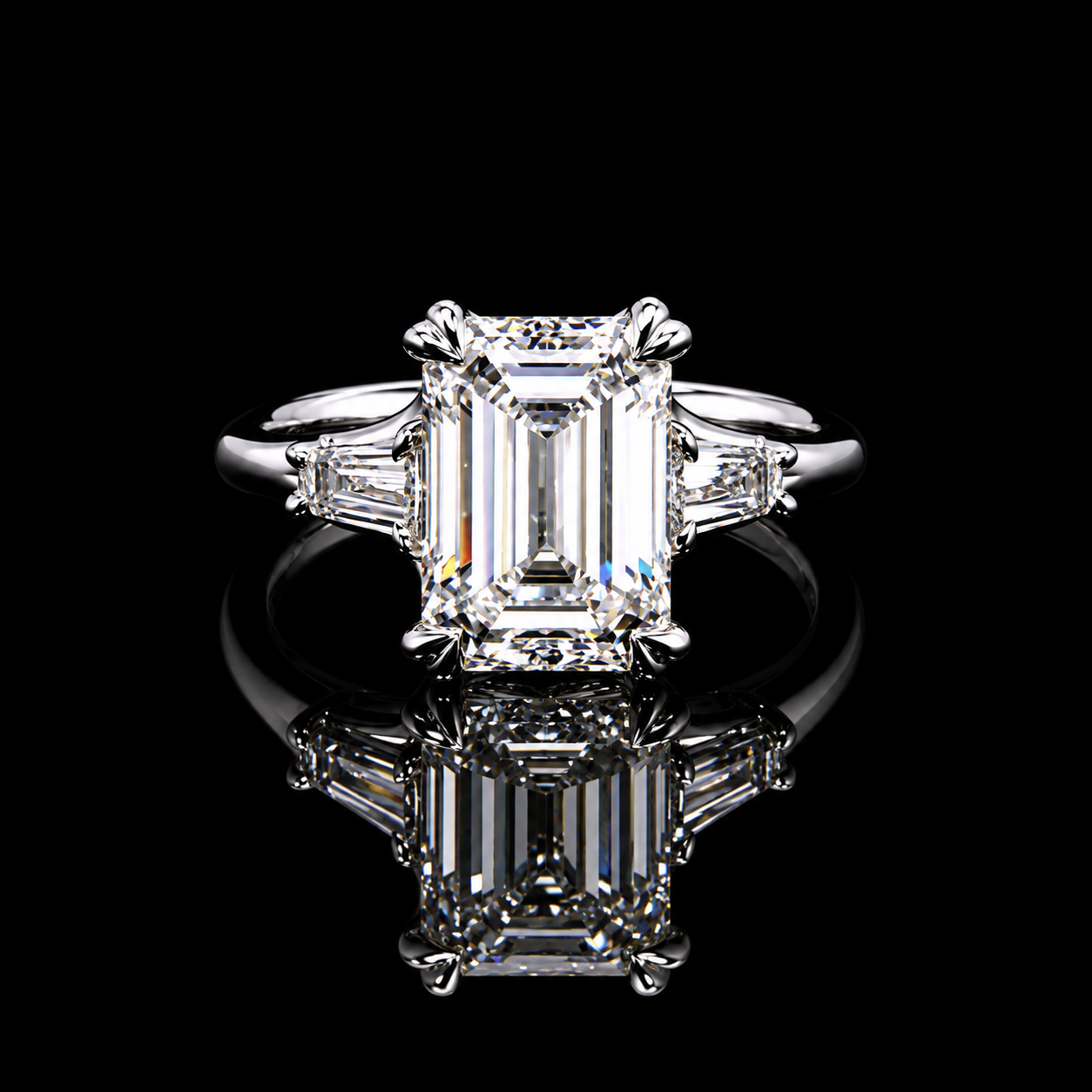3.61 CT emerald cut three-stone diamond ring with 3.19 CT center and tapered baguette side diamonds by Dan Mor Diamonds