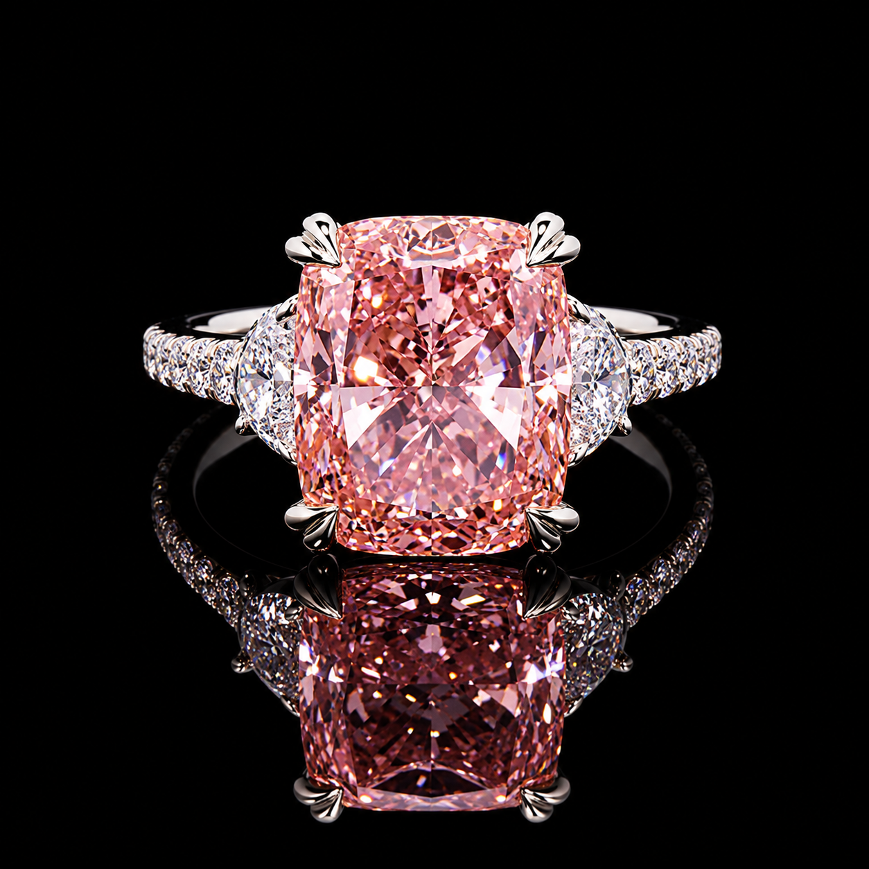 9.06 CT Fancy Vivid Pink cushion three-stone diamond ring with 8.01 CT VVS2 center, half-moon sides and pavé band by Dan Mor Diamonds