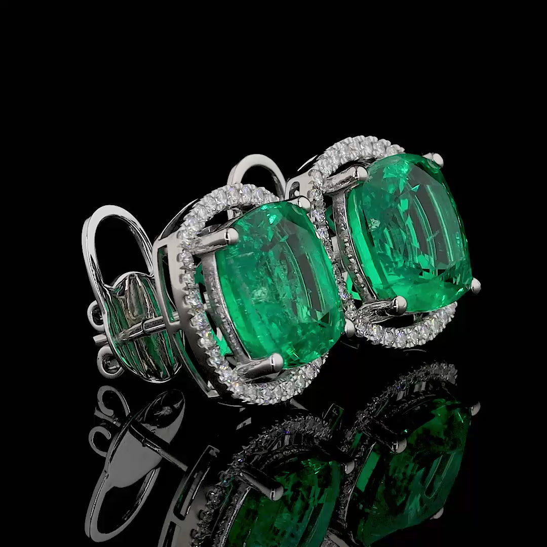 Emerald Cushion Cut Diamond Halo Stud Earrings