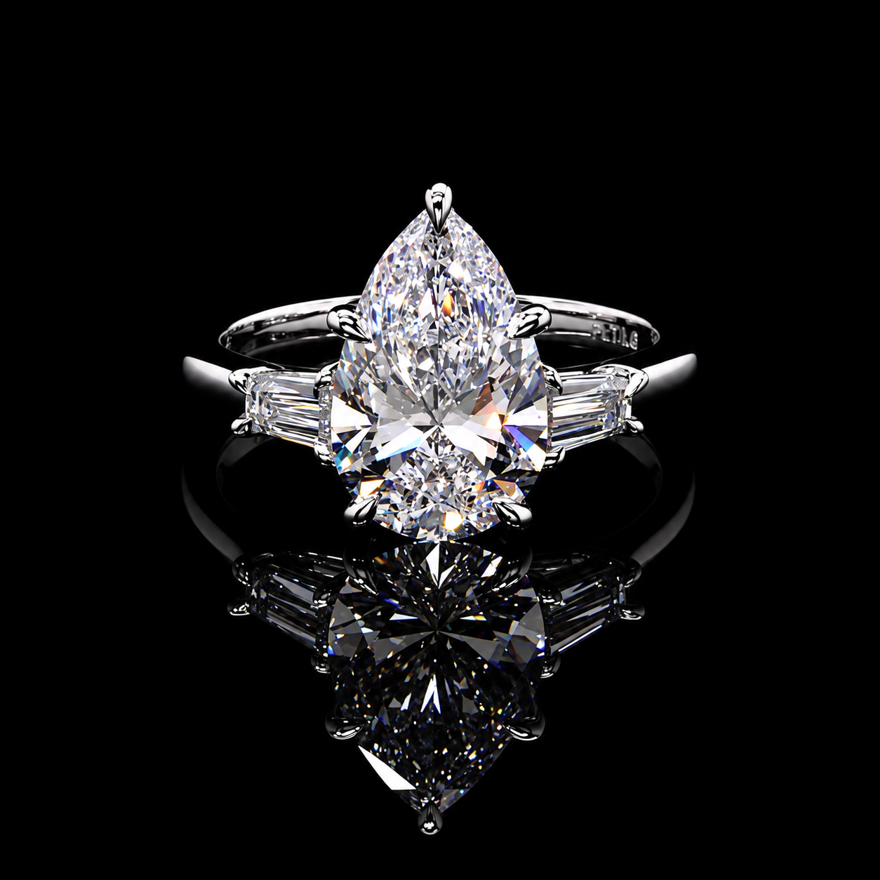3.60 CT pear lab-grown diamond ring with 3.01 CT E VS1 center and tapered baguette side diamonds by Dan Mor Diamonds