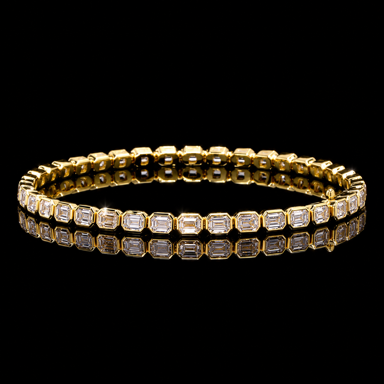 Emerald cut diamond tennis bracelet in yellow gold featuring 40 emerald-cut diamonds with approximately 6.00 carats total weight