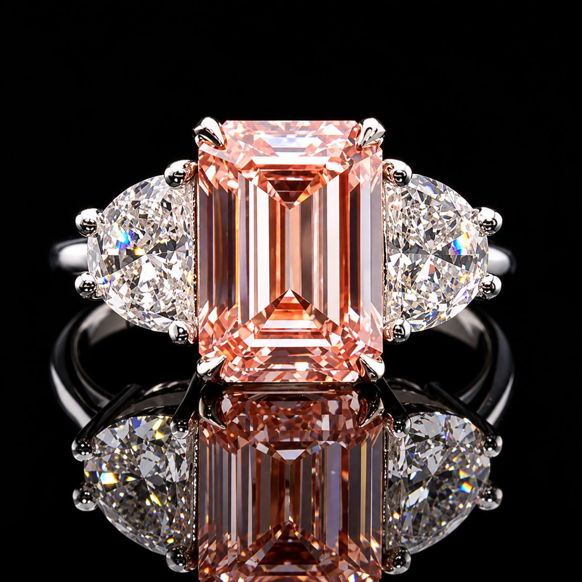 Pink Emerald Cut Diamond Three-Stone Ring Dan Mor Diamonds