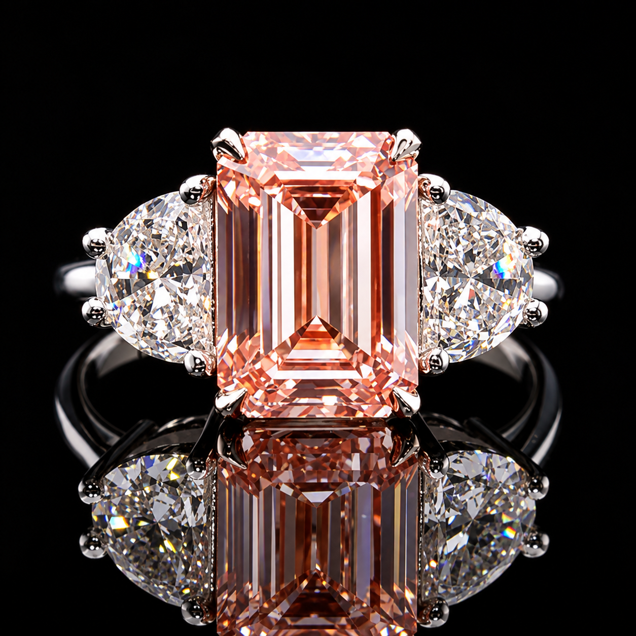 Pink Emerald Cut Diamond Three-Stone Ring Dan Mor Diamonds