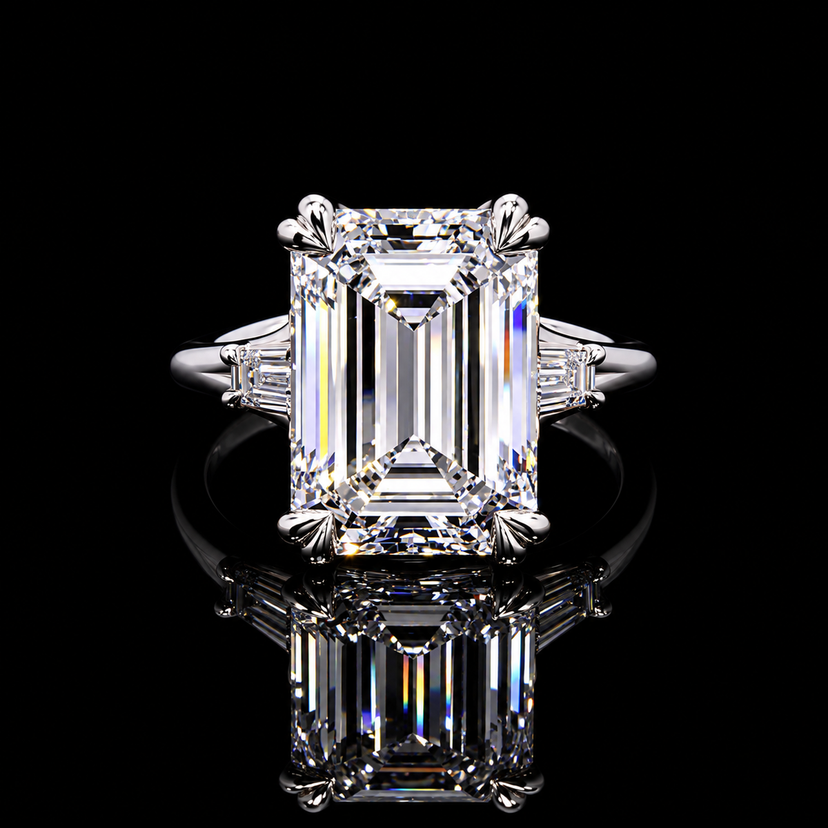 8.55 CT emerald cut lab-grown diamond ring with 8.16 CT center and tapered baguette side diamonds by Dan Mor Diamonds
