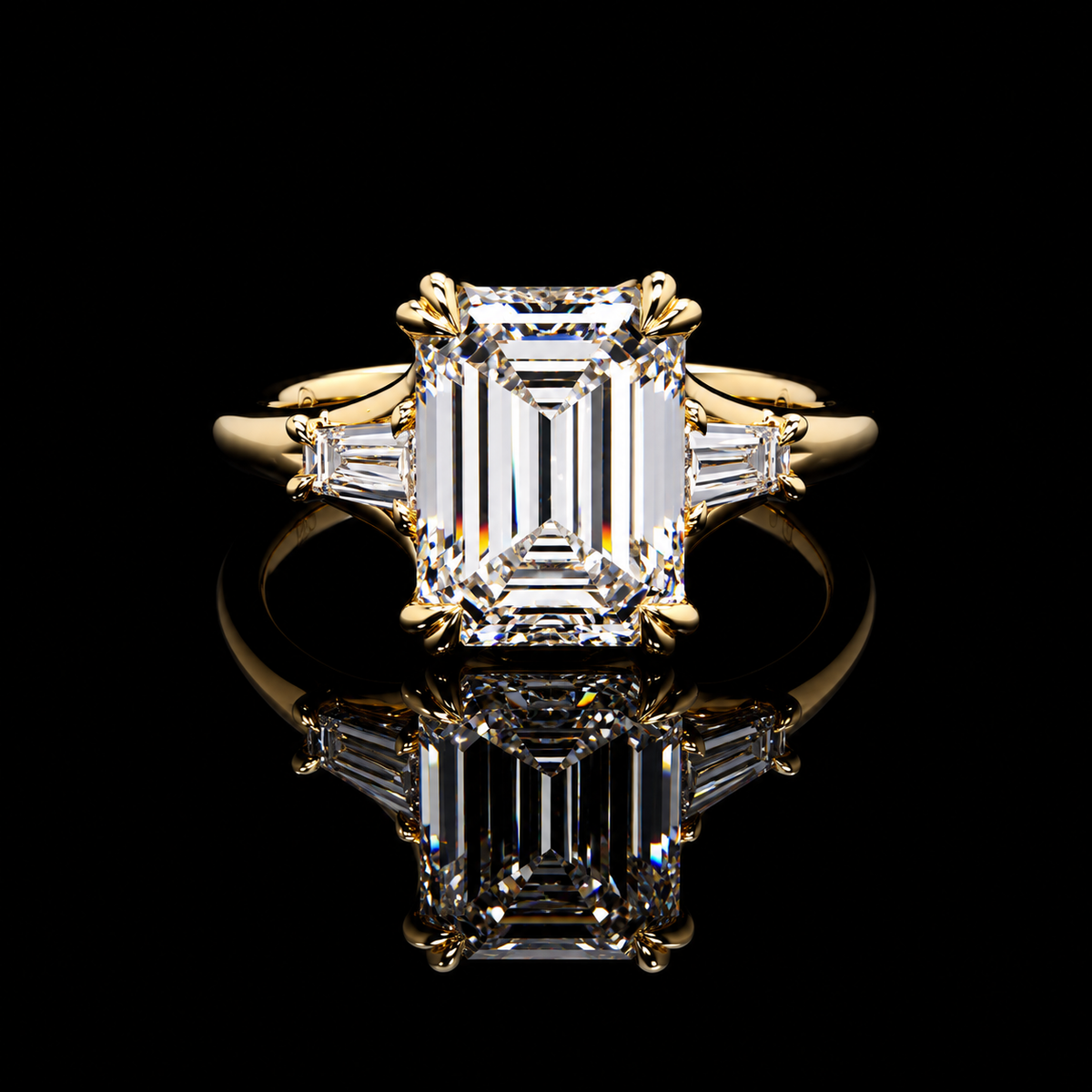 2.91 CT emerald lab-grown diamond ring with 2.51 CT E VVS2 center and tapered baguette side diamonds by Dan Mor Diamonds