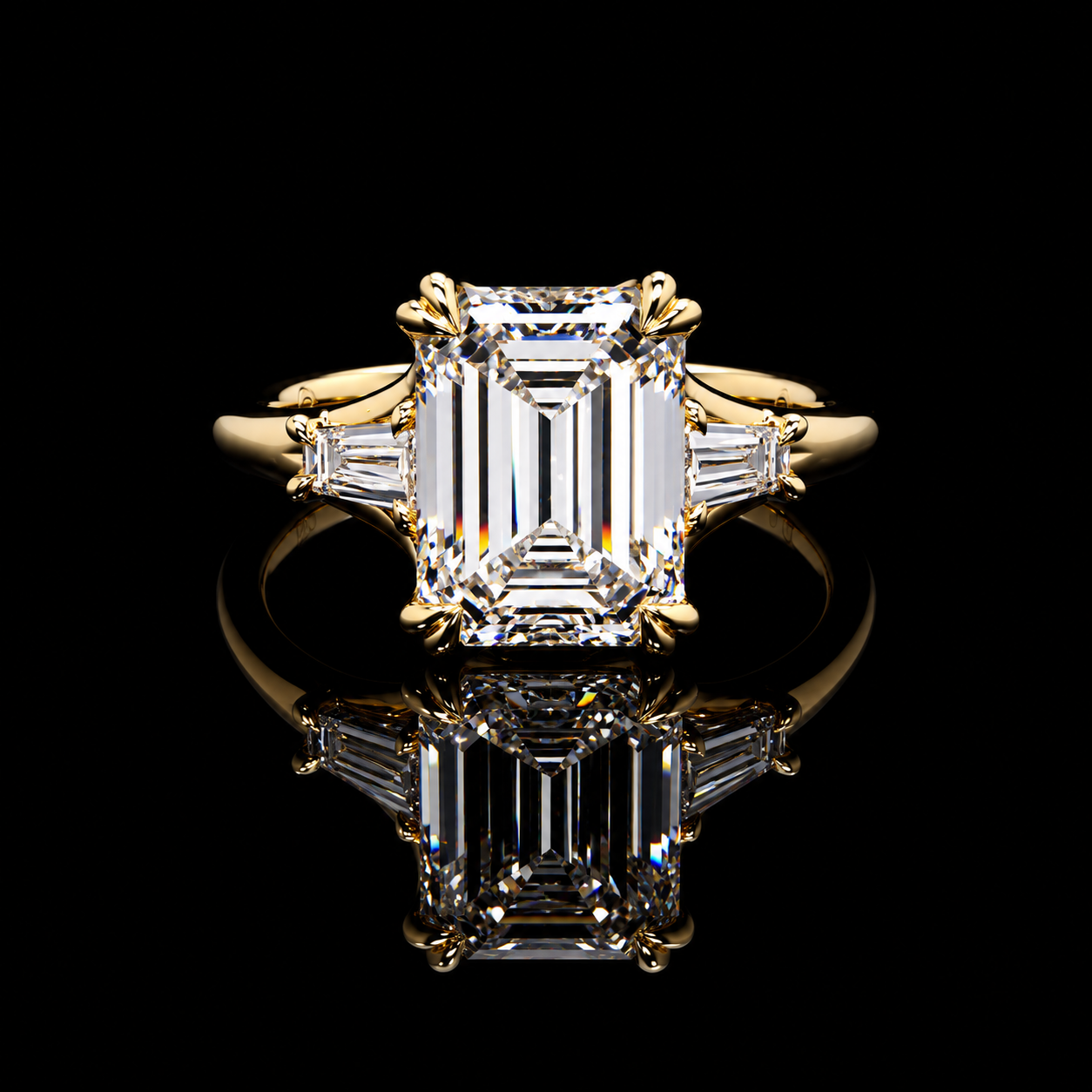 2.91 CT emerald lab-grown diamond ring with 2.51 CT E VVS2 center and tapered baguette side diamonds by Dan Mor Diamonds