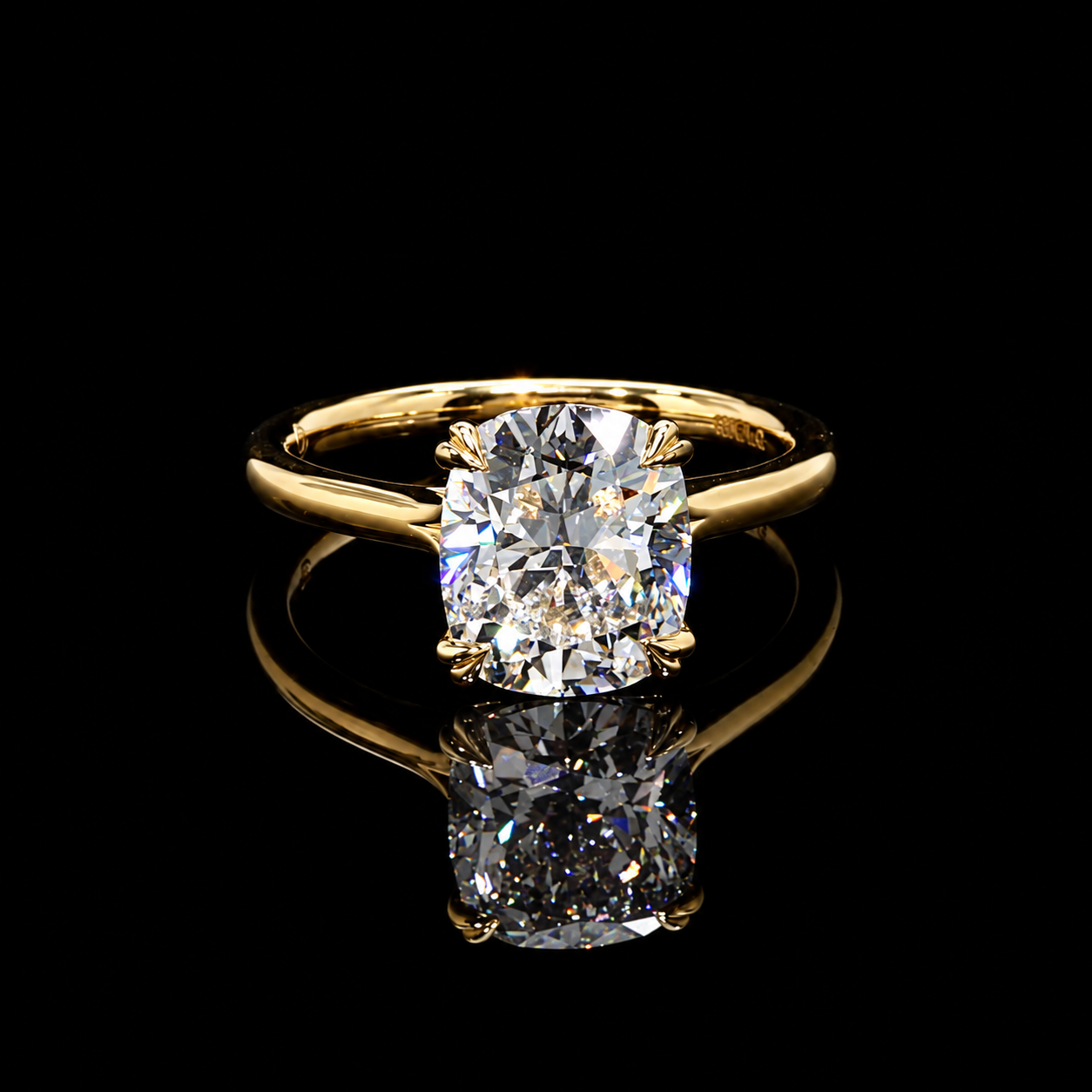 3.00 CT E VS1 cushion solitaire lab-grown diamond ring in yellow gold by Dan Mor Diamonds