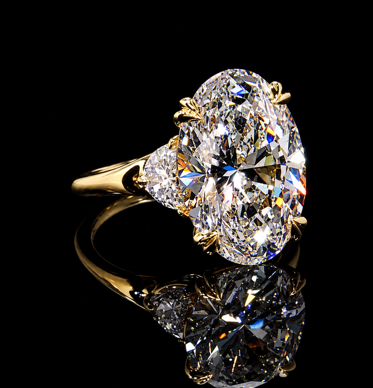 9.57 CT oval three-stone lab-grown diamond ring with 8.52 CT E VS1 center and half-moon side diamonds by Dan Mor Diamonds