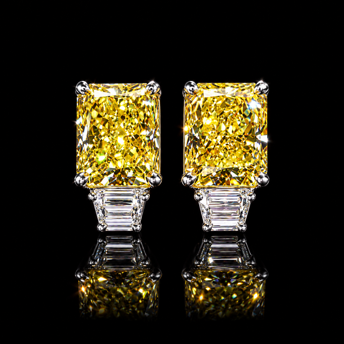 11.26 CT radiant cut fancy yellow diamond earrings by Dan Mor Diamonds