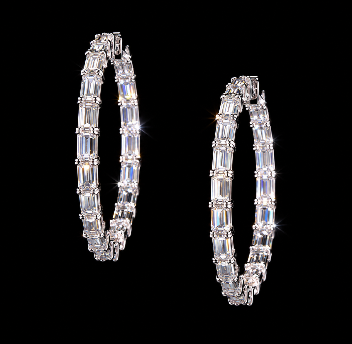 Emerald Cut Diamond Hoop Earrings