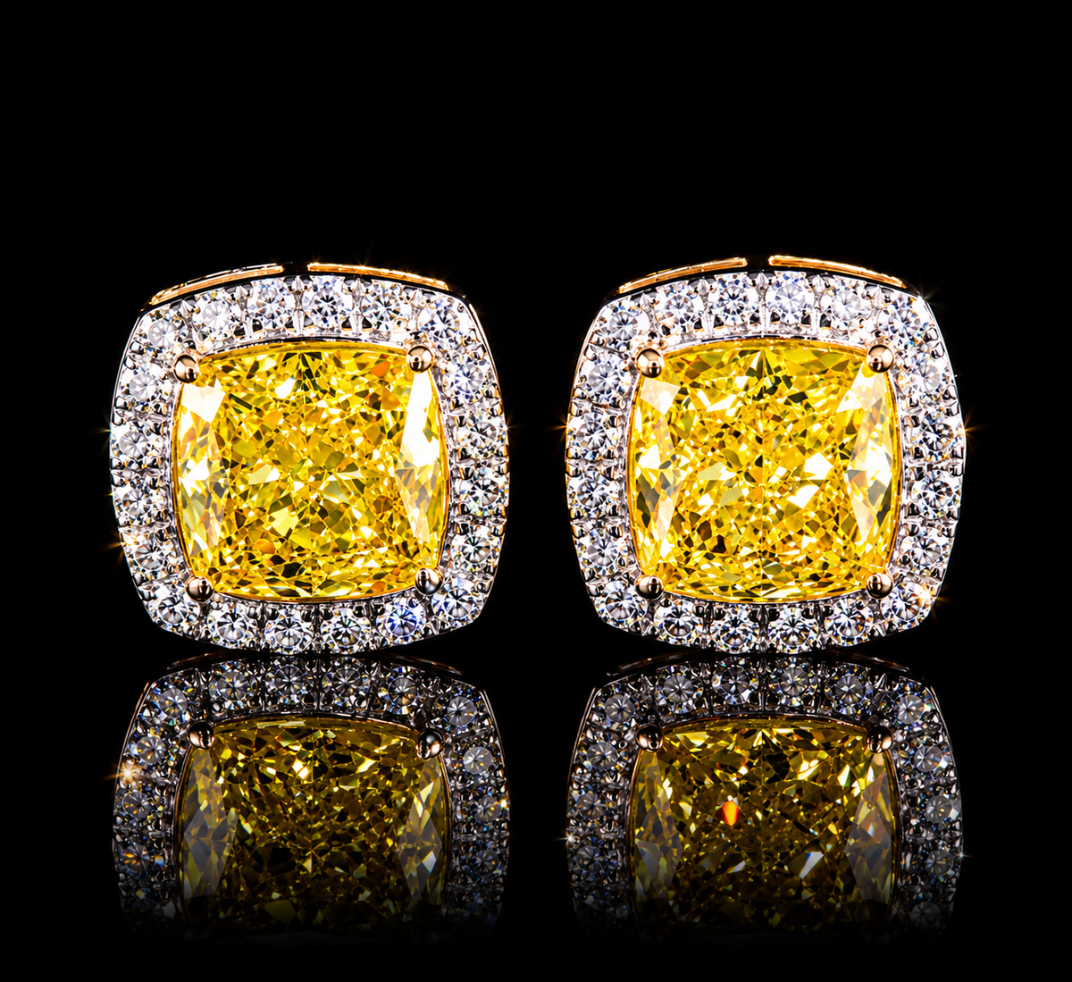 Yellow Cushion Halo Stud Earrings