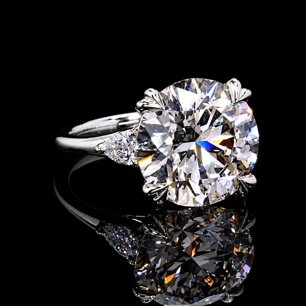 6.80 CT Round Brilliant three-stone diamond ring with approx. 5 CT center and pear-shaped side diamonds by Dan Mor Diamonds