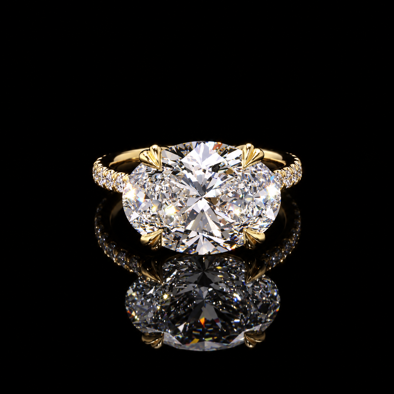 7.40 CT East-West oval lab-grown diamond ring with 7.03 CT E VS2 center and round pavé band by Dan Mor Diamonds