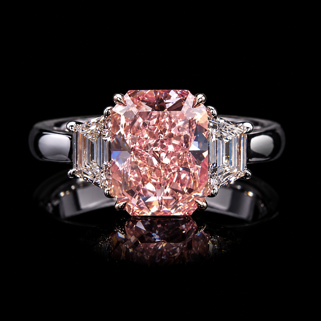 3.50 CT radiant cut fancy pink diamond ring with white side diamonds by Dan Mor Diamonds