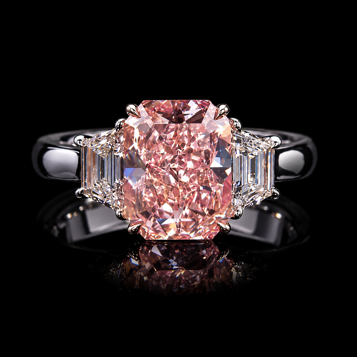 3.50 CT radiant cut fancy pink diamond ring with white side diamonds by Dan Mor Diamonds