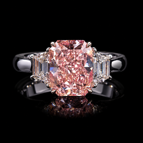 3.50 CT radiant cut fancy pink diamond ring with white side diamonds by Dan Mor Diamonds