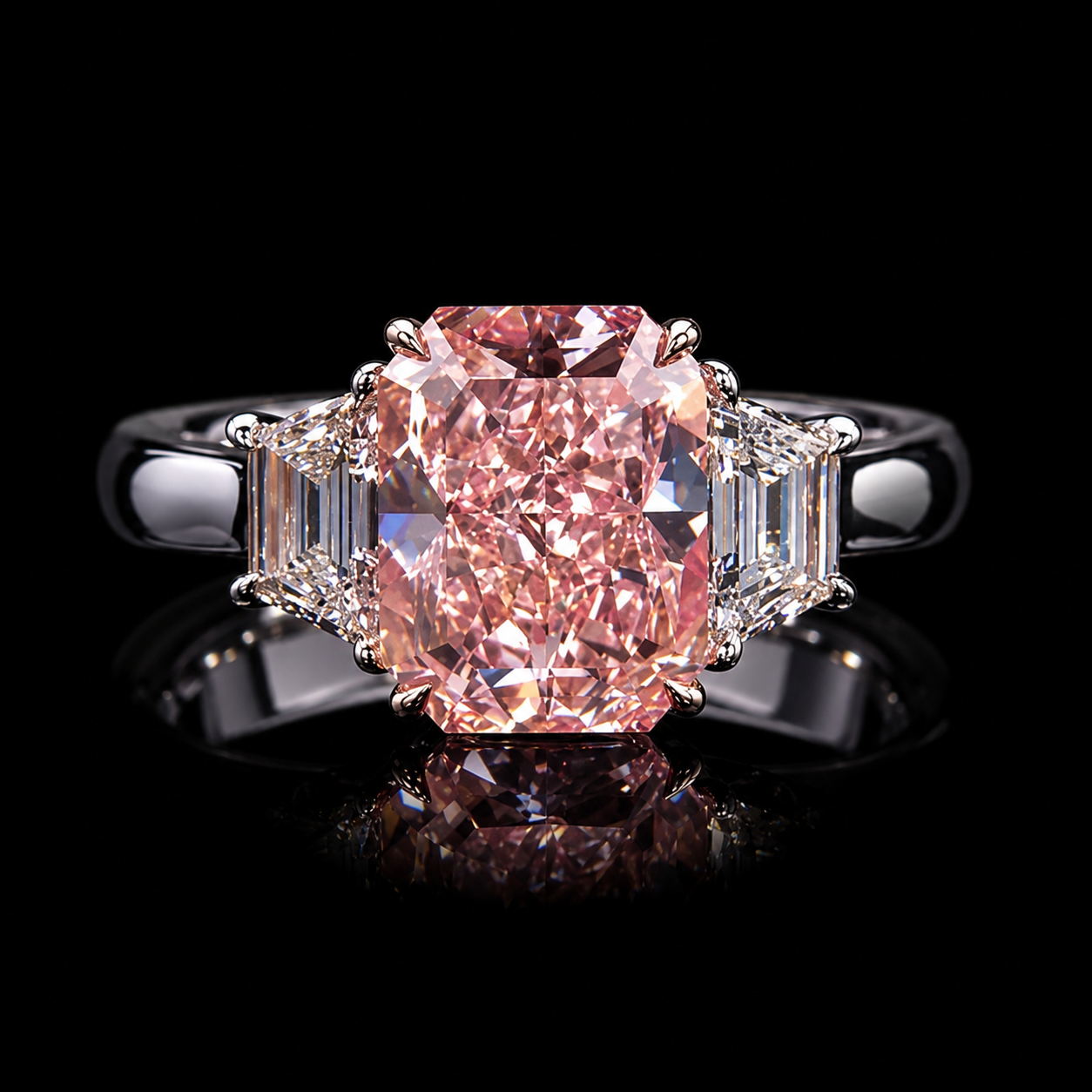 3.50 CT radiant cut fancy pink diamond ring with white side diamonds by Dan Mor Diamonds