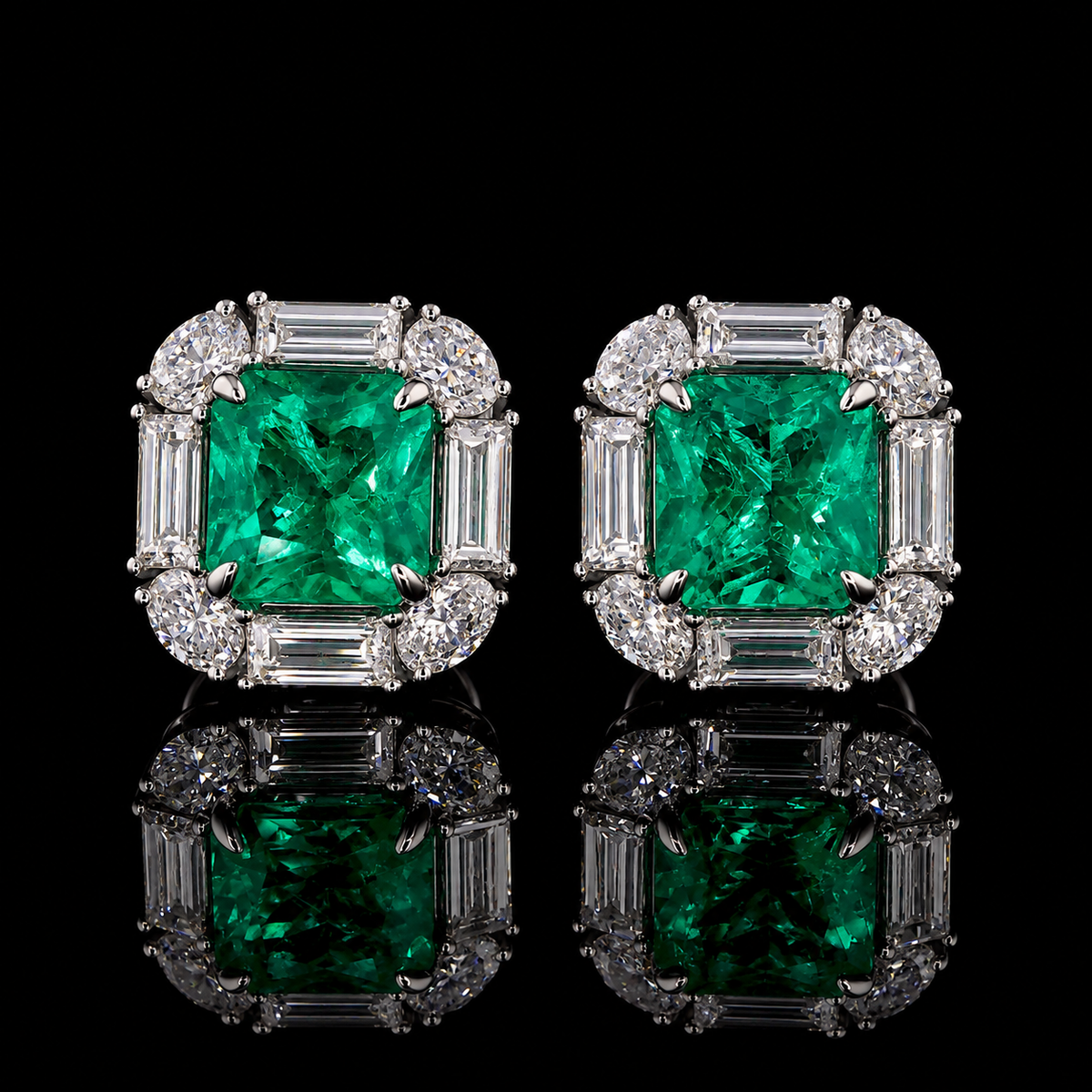Emerald and diamond halo stud earrings featuring approx. 4 carat square emerald center stones with baguette and pear shaped diamond accents