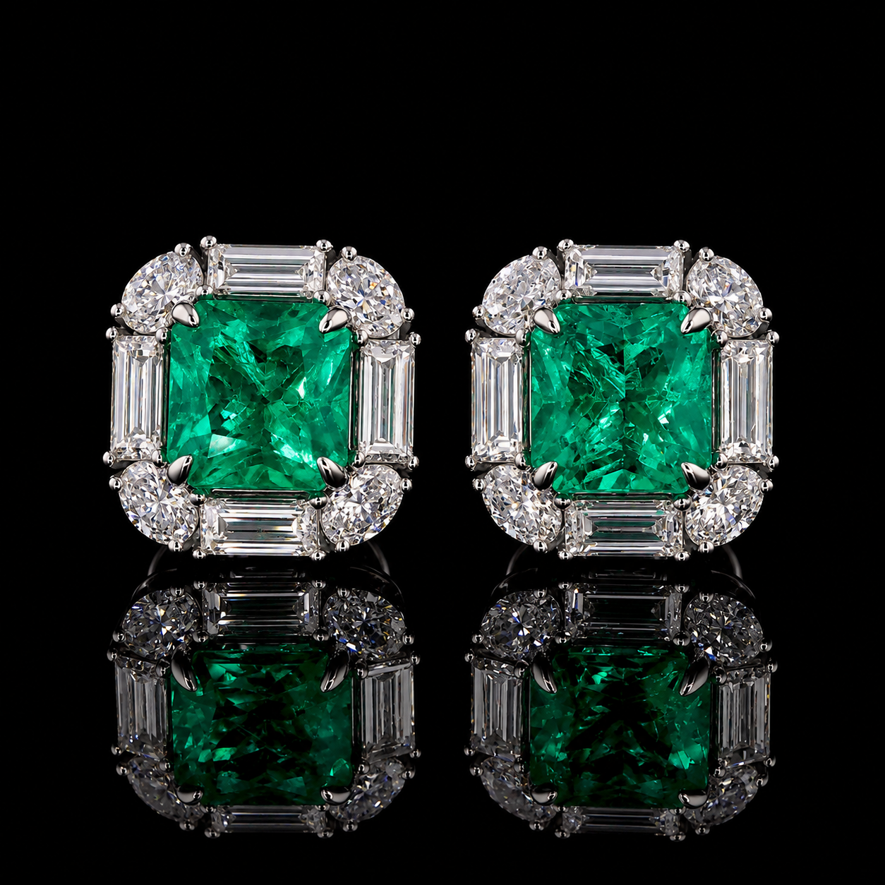 Emerald and diamond halo stud earrings featuring approx. 4 carat square emerald center stones with baguette and pear shaped diamond accents