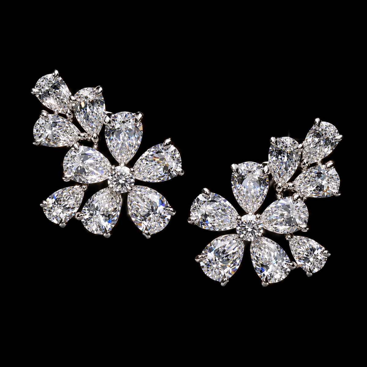7.60 CT pear shape floral diamond earrings with pear-cut diamond petals and round brilliant center accents