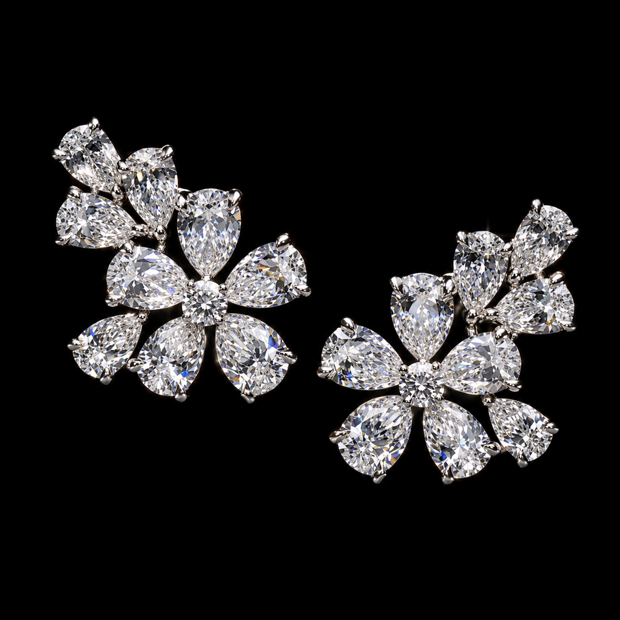 7.60 CT pear shape floral diamond earrings with pear-cut diamond petals and round brilliant center accents