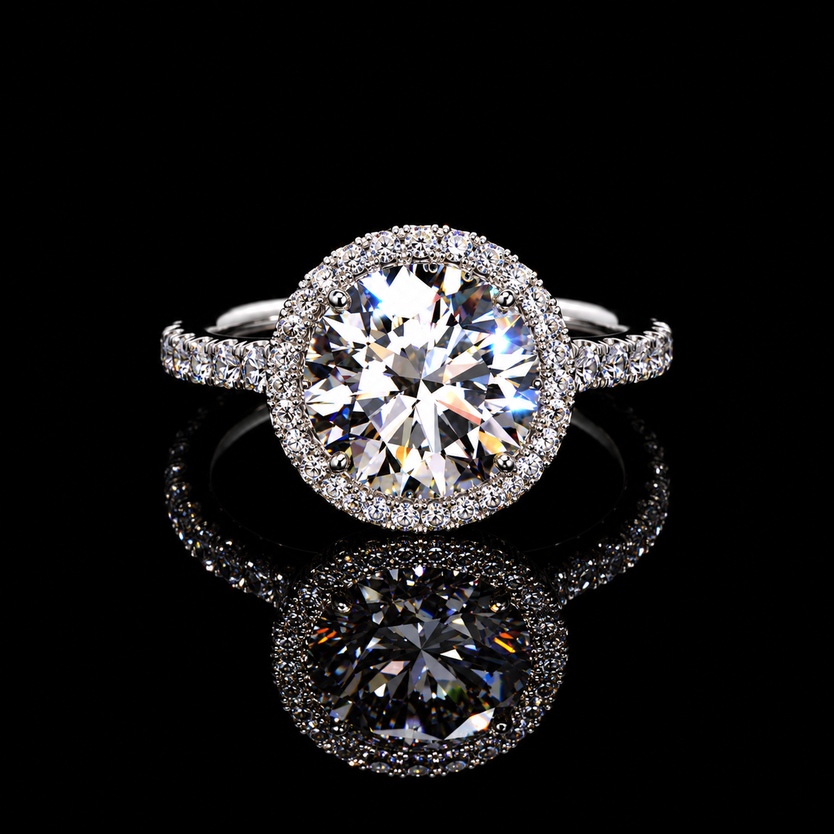 3.10 CT F VS1 round brilliant lab-grown diamond ring with seamless halo and pavé band by Dan Mor Diamonds